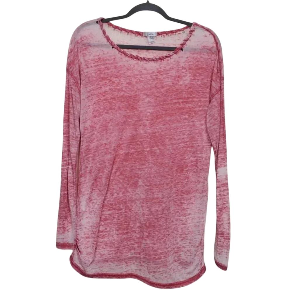 Isela Long Sleeve Knit Top Red White Sheer Womens Size M Lightweight Round Neck